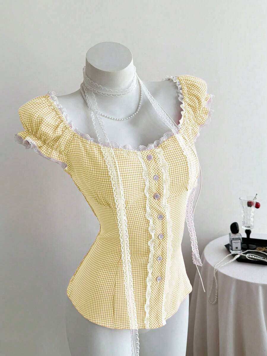 SHEIN Unity Girly Casual Chiffon Gathered Waist Vacation Square Neck Blouse For Women - Multicolor - View 1