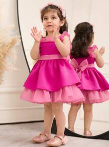 SHEIN Cute Baby Girl Summer Pink Ruffle Trim Dress - Hot Pink - View 4