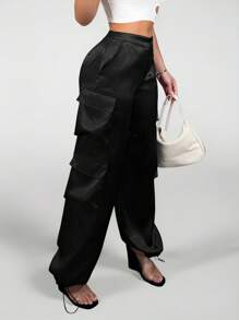 SHEIN PETITE Streetwear Spring Festival Clothing Satin Work Pants Women Trousers With 3D Pockets