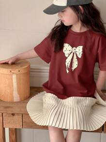 Dazy Kids Young Girl' Round Neck Bow Print Patchwork Short Sleeve Dress, Spring/Summer - Red - View 2