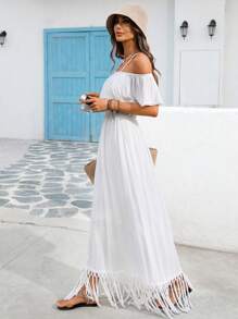 SHEIN VCAY Vestido de mujer de unicolor con volantes y volantes, elegante para vacaciones - Blanco - Ver 5