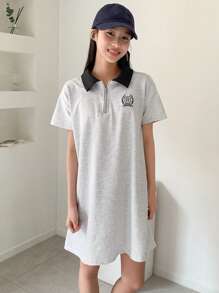 DAZY Tween Girl Front Zipper Short Sleeve Simple Casual Dress, Daily Wear - Grey - View 5