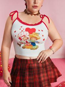 Strawberry Shortcake X SHEIN Plus Size Color Block Trim Cartoon & Heart Print Cami Top - White - View 4
