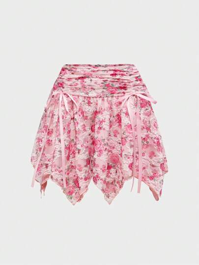 J-Fashion Flora Lace Printed Drawstring Asymmetrical Hem Women Summer Skirt