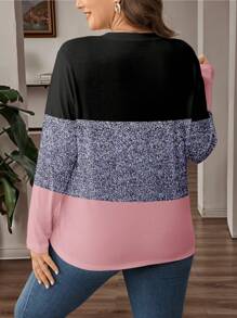 SHEIN LUNE Plus Size Women Colorblock Print Round Neck Long Sleeve Casual T-Shirt,Valentine Fall Cloth For Women