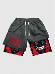 ROMWE MEN Anime Men's Minimalist Fashion Suitable For Summer Shorts - Dark Grey - View 1