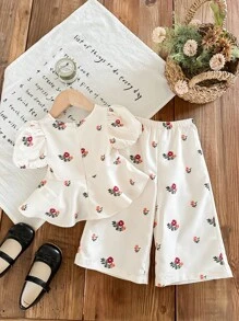 SHEIN LMoss Kids 女婴花卉印花短袖上衣和松紧腰裤套装（夏季） - 玫紅色 - 查看 2