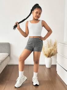 青少年女孩罗纹针织紧身短裤打底裤，浅灰色，返校季，母子装 - 淺灰色 - 查看 3