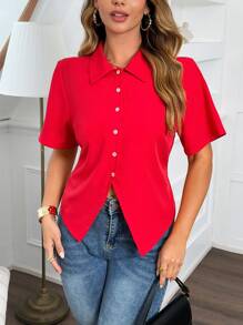 Flirla Koszula z krótkim rękawem w jednolitym kolorze, plus size, prosta i modna, odpowiednia na lato