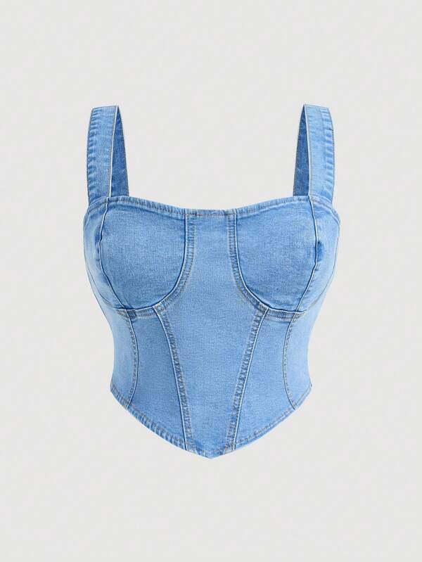 SHEIN ICON Regata Denim Assimétrica com Barra para Mulheres Plus Size