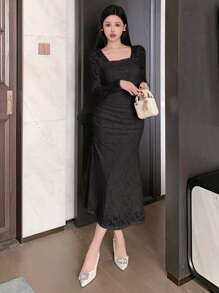 DAZY 女士优雅黑色中长连衣裙：方领、长袖、褶皱针织面料，不对称下摆，适合特殊场合、秋季连衣裙 - 黑色 - 查看 5