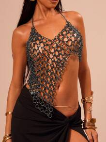 MUSERA 性感链条风格不对称露背上衣度假伊比沙岛度假节狂欢假期