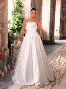 Glamrae 优雅奢华缎面荷叶边长裙，配珍珠和水钻设计，适合婚礼、单身派对、度假 - 米色 - 查看 5