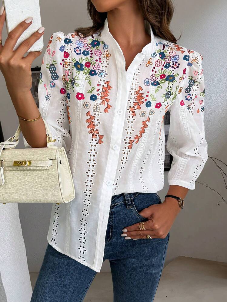 SHEIN Clasi Blusa elegante con bordado, corte láser y estampado floral abombado informal para mujer, camisa de mujer para primavera y verano - Multicolor - Añade 3
