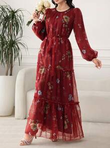 Modelyn 女式长款花卉印花雪纺连衣裙，收腰设计，优雅春夏季节 - 紅色 - 查看 4