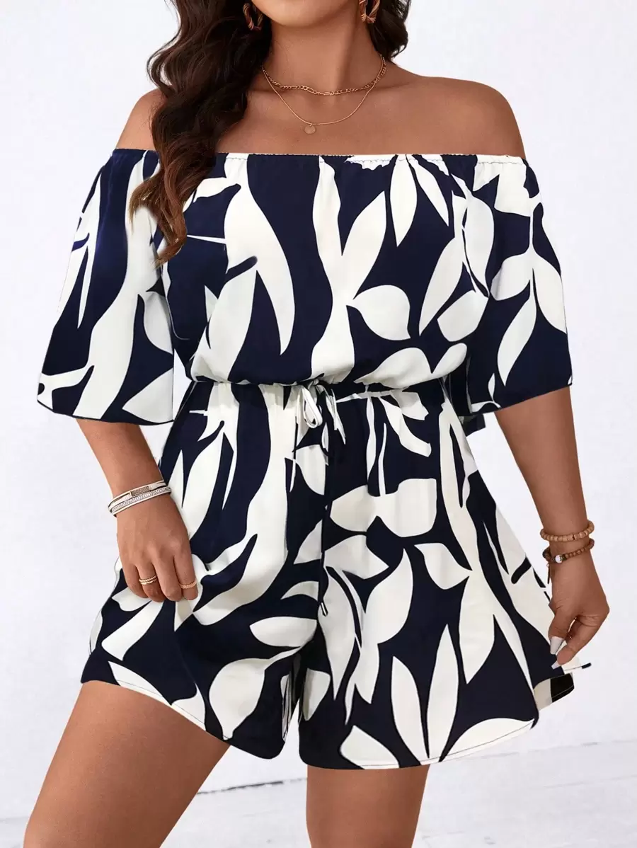 SHEIN LUNE 大码女式休闲印花露肩连体裤