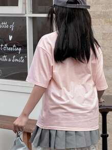 DAZY Tween Girl Round Neck Knit Short Sleeve Butterfly Print T-Shirt, Spring/Summer, Back To School Clothes - Pink - View 3