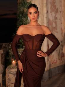 Glamrae 优雅深棕色露肩长袖腰部网眼透明鱼骨褶皱腰线美人鱼下摆飘逸尾巴礼服、婚礼宾客礼服、派对礼服、晚礼服 - 鏽棕色 - 查看 4