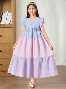 SHEIN Tweens Girls Woven Macaron Striped Splice Cute Cap Sleeve Open Back Bow Loose A-Line Long Dress, Suitable For Spring/Summer, Spring Outing, And Back To School - Multicolor - View 4