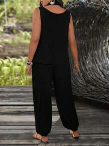 SHEIN LUNE Plus Size Women Casual Turn-Down Collar Cutout Top & Drawstring Hem Pants Set - Black - View 2