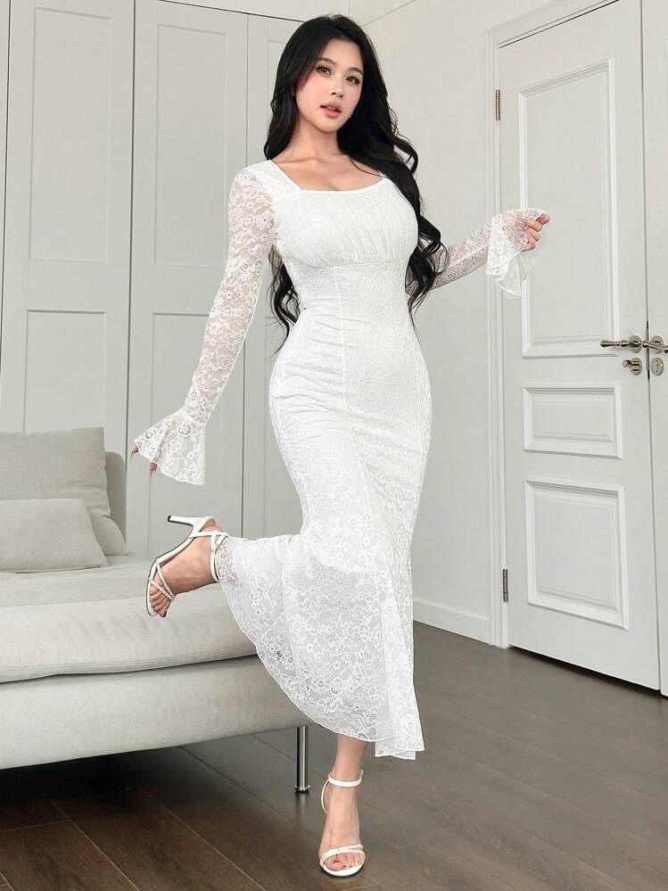 Modelyn Women's Lace Patchwork Bell Sleeve Bodycon Mermaid Evening Dress, Elegant & Sexy Fall Cloth For Women - White - View 3