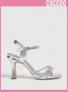CUCCOO SZL 时尚银色水钻高跟凉鞋女式春夏季度假鞋夏季促销派对坏人时尚别致华丽风格万圣节圣诞节迪斯科派对性感夜晚秋季