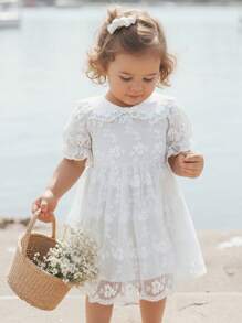 Cozy Pixies Baby Girl Solid Color Round Neck Puff Sleeve Cinched Waist Casual Versatile Dress - White - View 9
