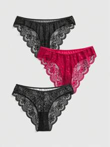 ROMWE Goth Set de 3 piezas de bragas estilo oscuro talla grande con estampado de leopardo y encaje en parches