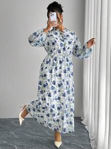 Modelyn Elegant Random Floral Print Chiffon Ruffled Collar Plus Size Women Dress - Blue - View 8