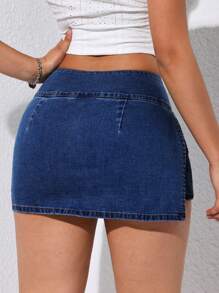 SHEIN EZwear Women's Casual Washed Side Slit Denim Jean Shorts Summer Outfits For Women - Dark Wash - View 2