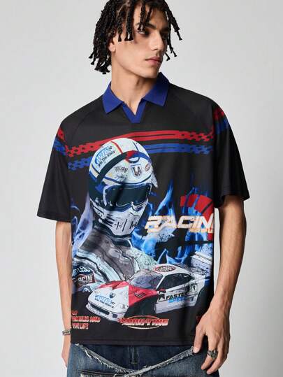 Street Life Men's Racing Letter & Car Graphic Short Sleeve Polo Shirt