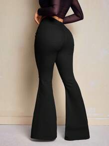 SHEIN SXY Women's Flared Jeans With Pockets And Frayed Hem, Casual Versatile Denim Pants - Black - View 3