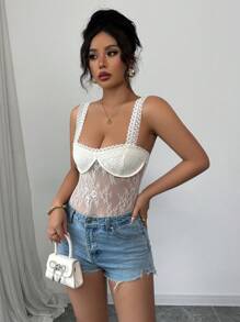 Chiquease Canotta elegante e minimalista, sexy, con scollo a V, con spalline a spaghetti, colletto in pizzo, inserti in pizzo, stile spazioso, per primavera/estate