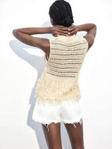 Maija Blusa de punto casual sin mangas de cuello redondo de unicolor albaricoque con flecos, calada, estilo bohemio para playa y vacaciones - Albaricoque - Ver 2