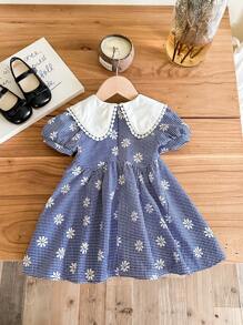SHEIN LMoss Kids Gaun Berkerah Motif Bunga Kotak-kotak Lucu untuk Bayi Perempuan, Musim Panas - Biru - View 2
