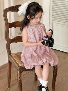 DAZY Vestido suelto y casual de cuello redondo sin mangas y texturizado liso para niñas jóvenes, conjunto de verano para niñas