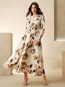 Anewsta Women V-Neck Floral Print Long Sleeve Cinched Waist Cocktail Dress