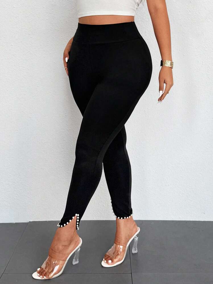 SHEIN Unity 大码女式高腰纯色褶皱下摆优雅紧身裤 - 黑色 - 查看 6