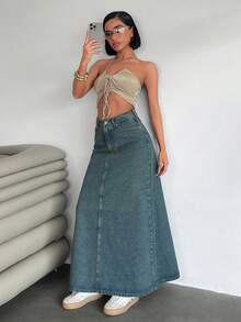 EURMUSE Women's Long Casual Versatile Denim Skirt With Pockets - Light Wash - View 4