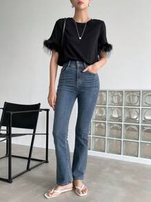 DAZY Camiseta de cuello redondo con puños de felpa, estilo preppy - Negro - Ver 9