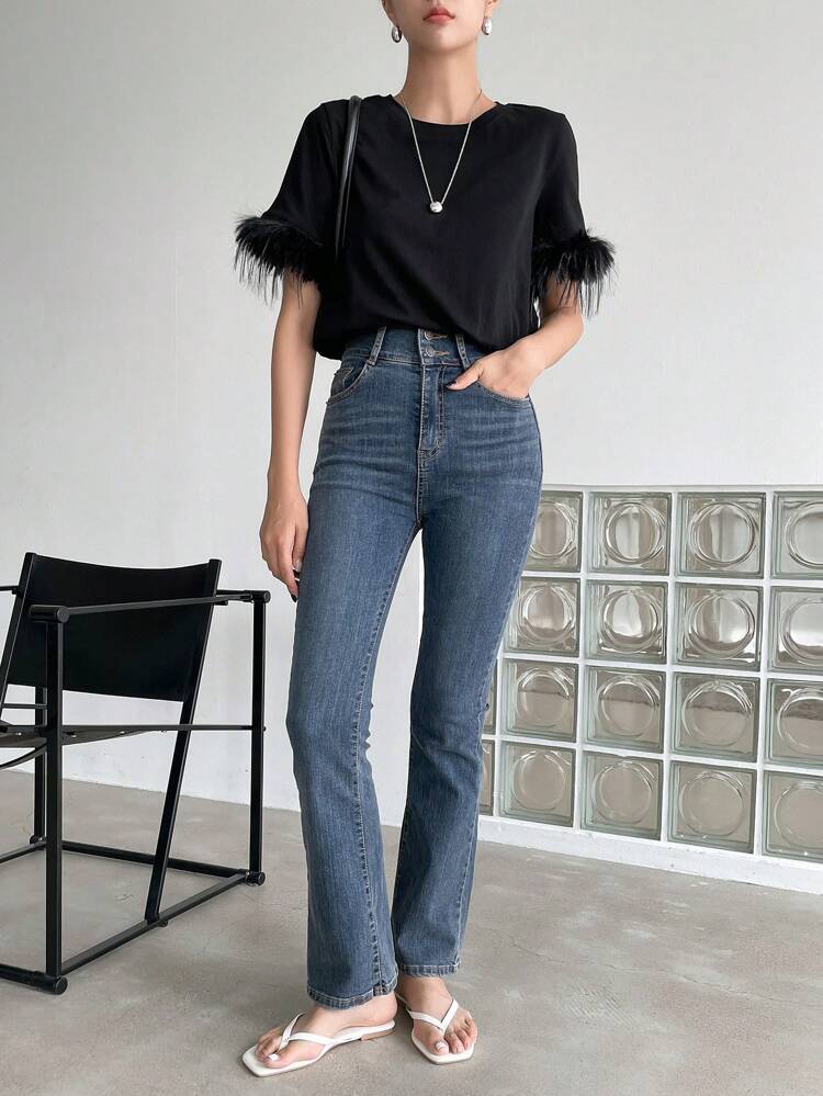 Fuzzy Cuff Round Neck Tee Preppy Tops