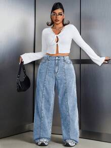 SHEIN EZwear 大码前扣口袋洗水牛仔裤，休闲日常穿着 - 淺色水洗藍 - 查看 3