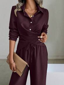 SHEIN Clasi Women 2pcs Set Front Button Long Sleeve Blouse And Pants, Minimalist Style Fall Cloth For Women - Maroon - View 5