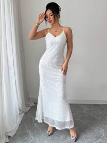 Elenzga Robe mi-longue fourreau élégante de couleur unie avec application de sequins