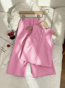 Genkimix Kids Set de 2 piezas de top sin mangas con pliegues y lazo en color morado sólido, y pantalones holgados con pliegues, un conjunto de ropa de verano estiloso para niñas jóvenes