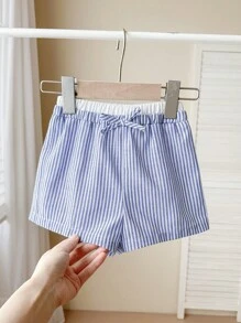 SHEIN Babygirl Casual Striped Elastic Waist Shorts, Summer Versatile, (Mommy And Me Matching Outfits, 2 Pieces Sold Separately) - Blue - View 3