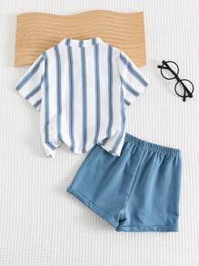 Cozy Pixies 2pcs Baby Boy Set: Colorful Striped Collar Short Sleeve Shirt & Solid Color Elastic Waist Shorts