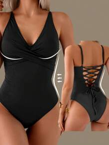 Shapewave 收腹、提胸、收腰连体泳衣，V 领露背设计，性感连体泳衣适合海滩度假、春夏季 - 黑色 - 查看 1