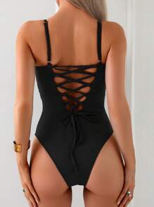 Shapewave 收腹、提胸、收腰连体泳衣，V 领露背设计，性感连体泳衣适合海滩度假、春夏季 - 黑色 - 查看 2