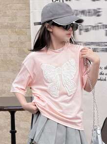 DAZY Tween Girl Round Neck Knit Short Sleeve Butterfly Print T-Shirt, Spring/Summer, Back To School Clothes - Pink - View 2
